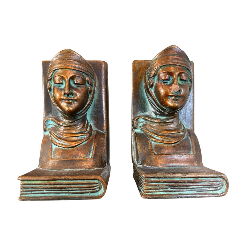Antique Classical Bronze Clad Bookends - Figural Woman Bust