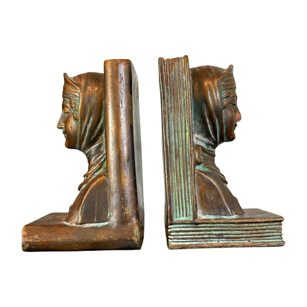 Antique Classical Bronze Clad Bookends - Figural Woman Bust