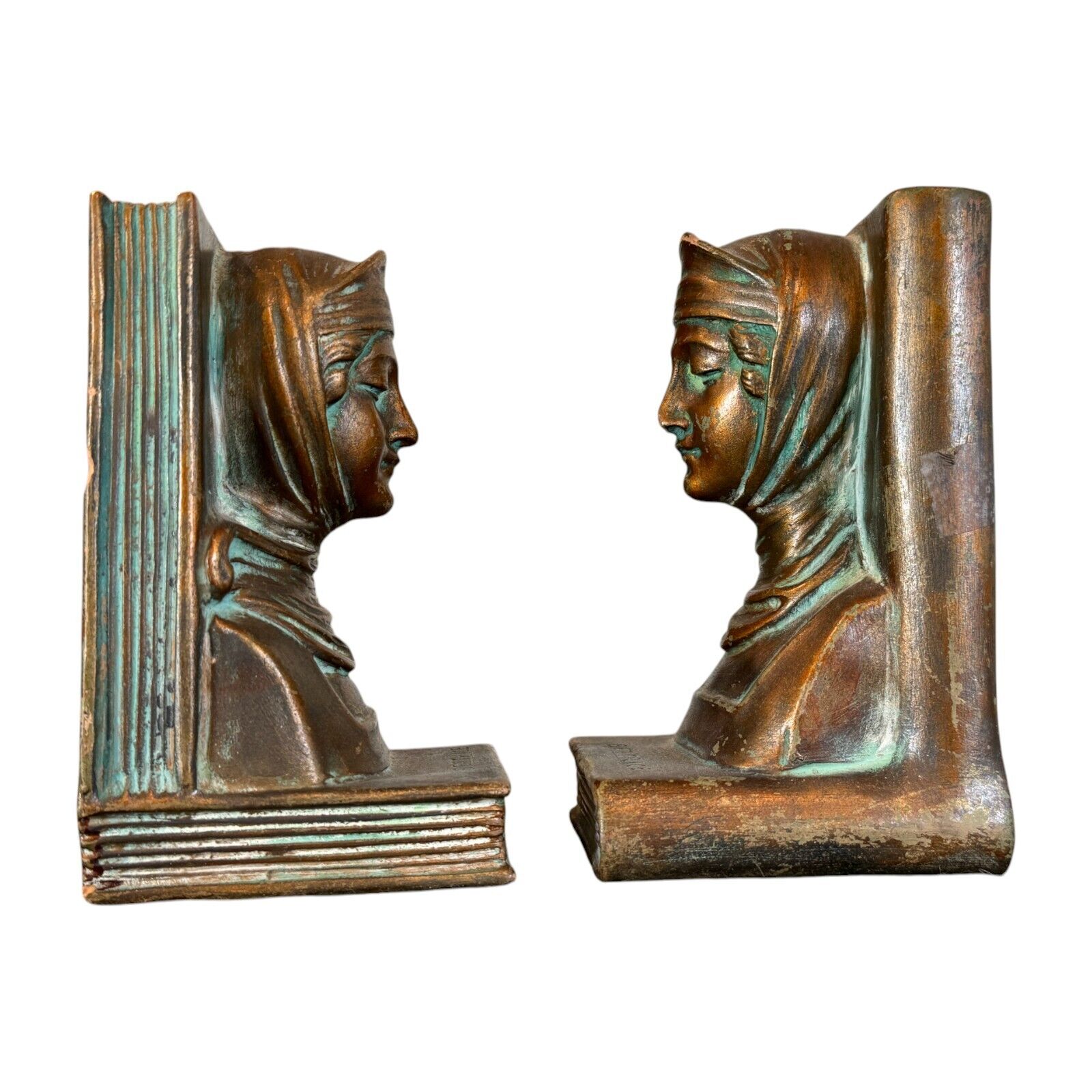 Antique Classical Bronze Clad Bookends - Figural Woman Bust