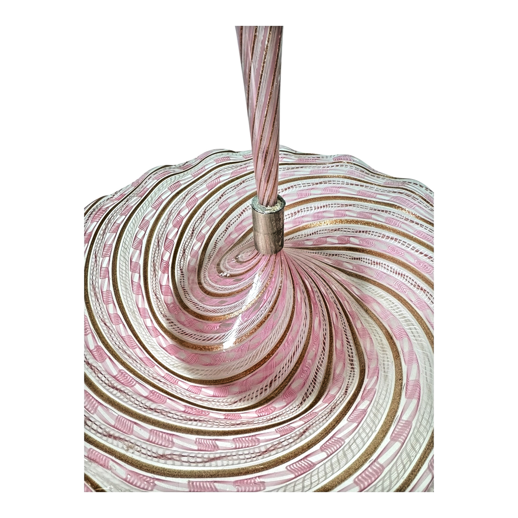 Vintage Murano Art Glass Pink Latticino Zanfirico Swirled Ruffled Trumpet Vase