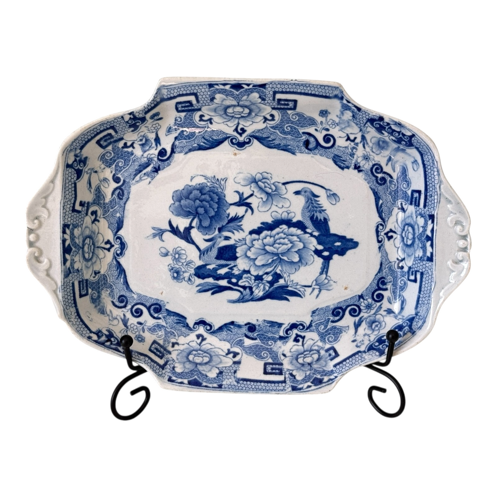 Antique Victorian Ironstone Blue Transferware Serving Dish with Pheasant