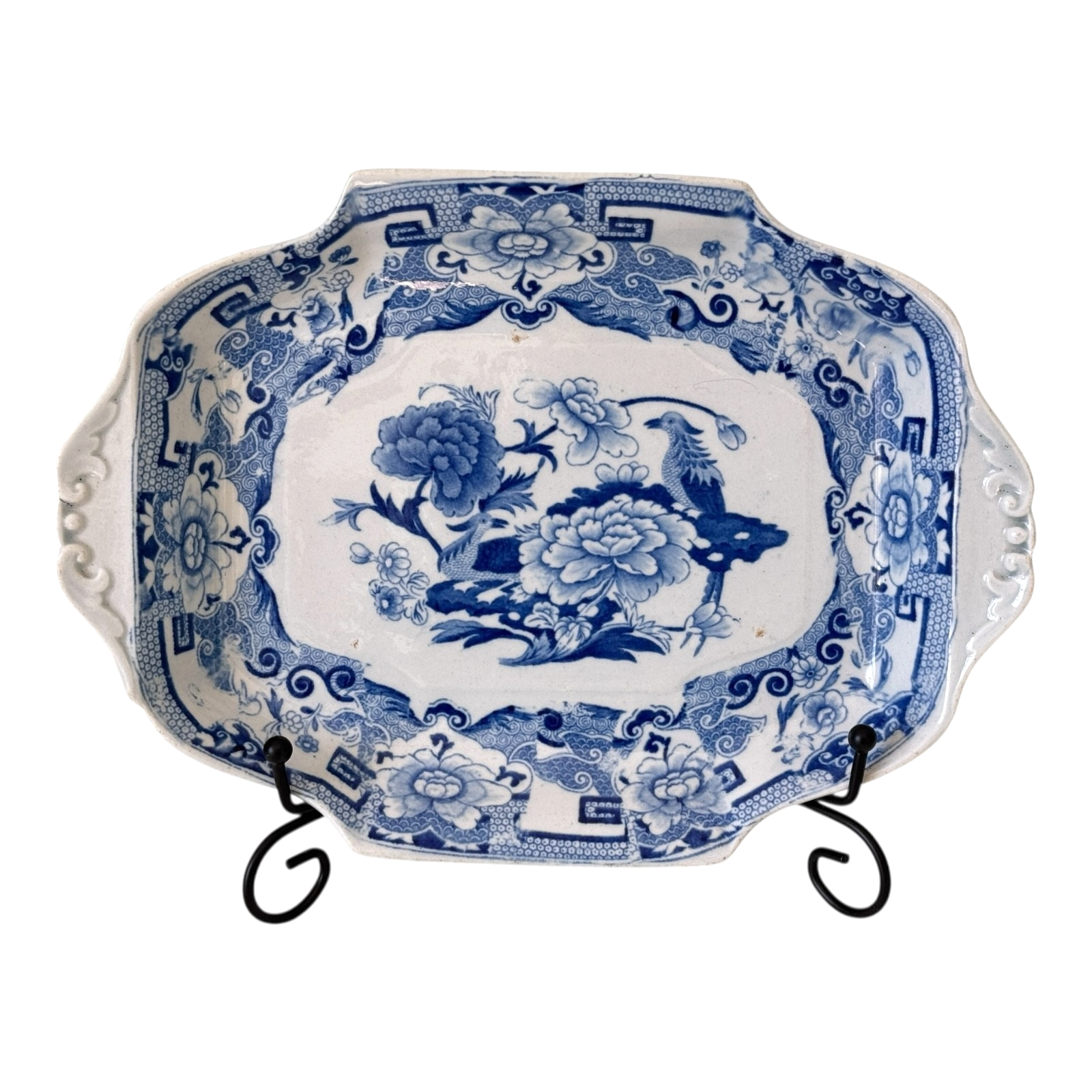 Antique Victorian Ironstone Blue Transferware Serving Dish with Pheasant