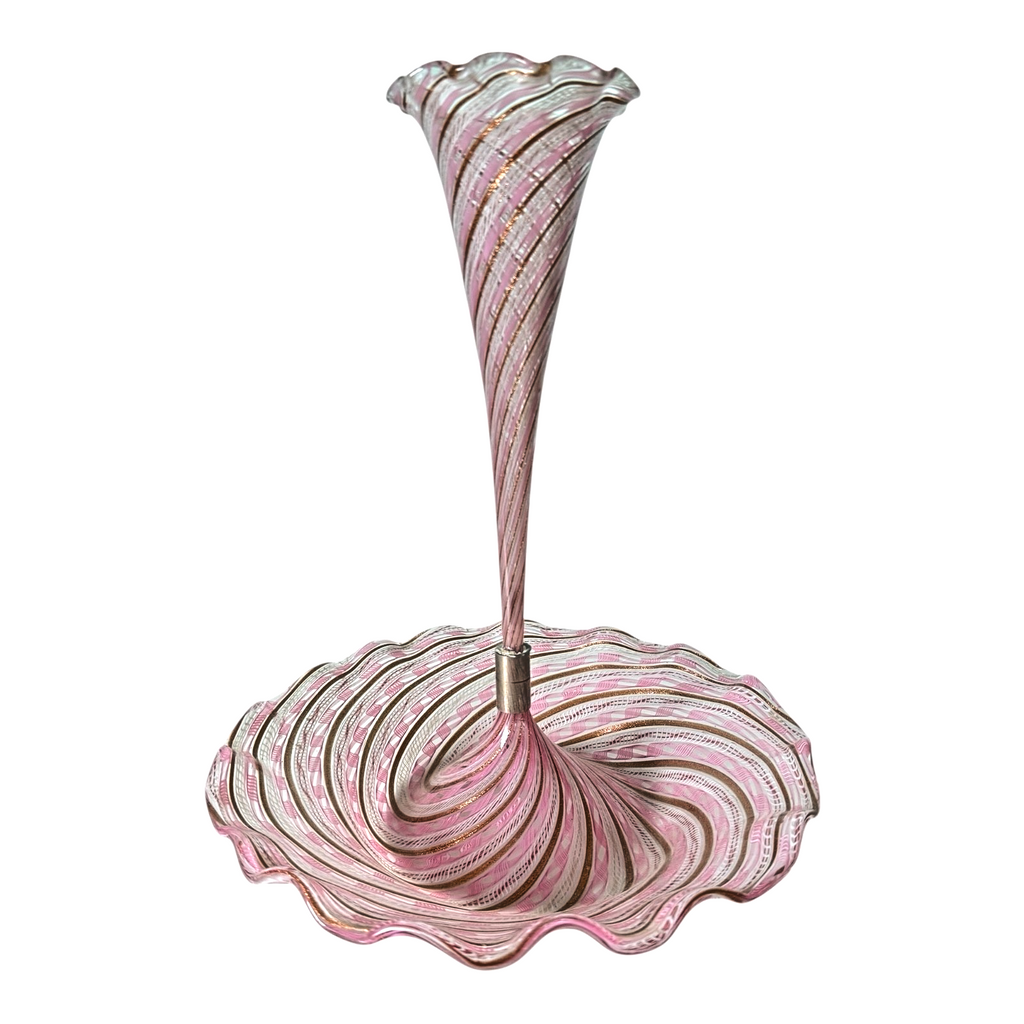 Vintage Murano Art Glass Pink Latticino Zanfirico Swirled Ruffled Trumpet Vase