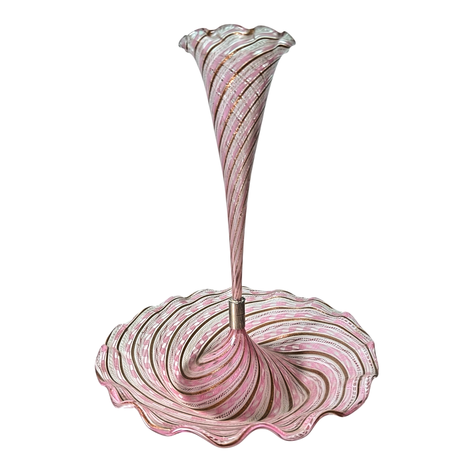 Vintage Murano Art Glass Pink Latticino Zanfirico Swirled Ruffled Trumpet Vase