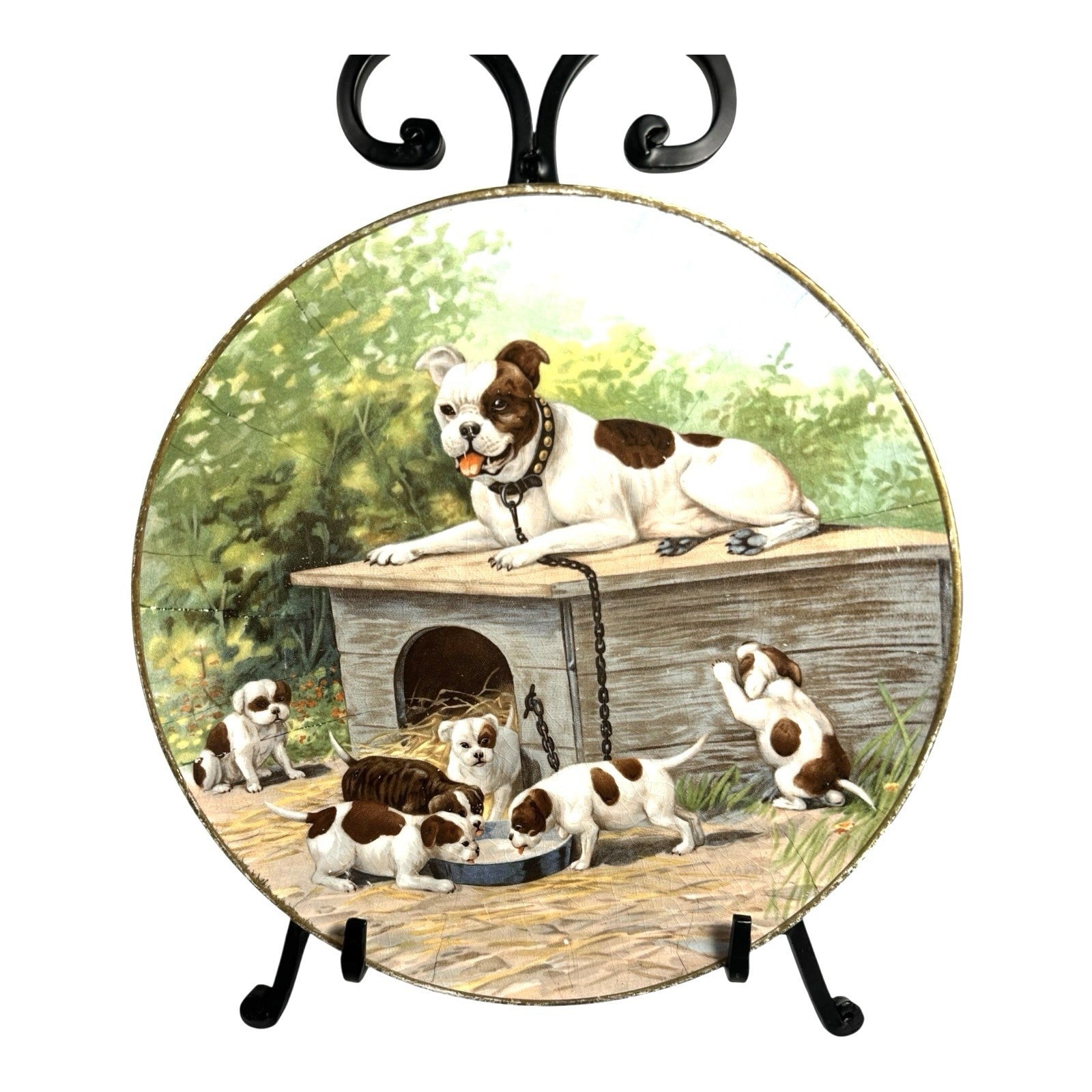 Antique TST Taylor Smith Taylor Bulldog & Puppies Portrait Plate 1929