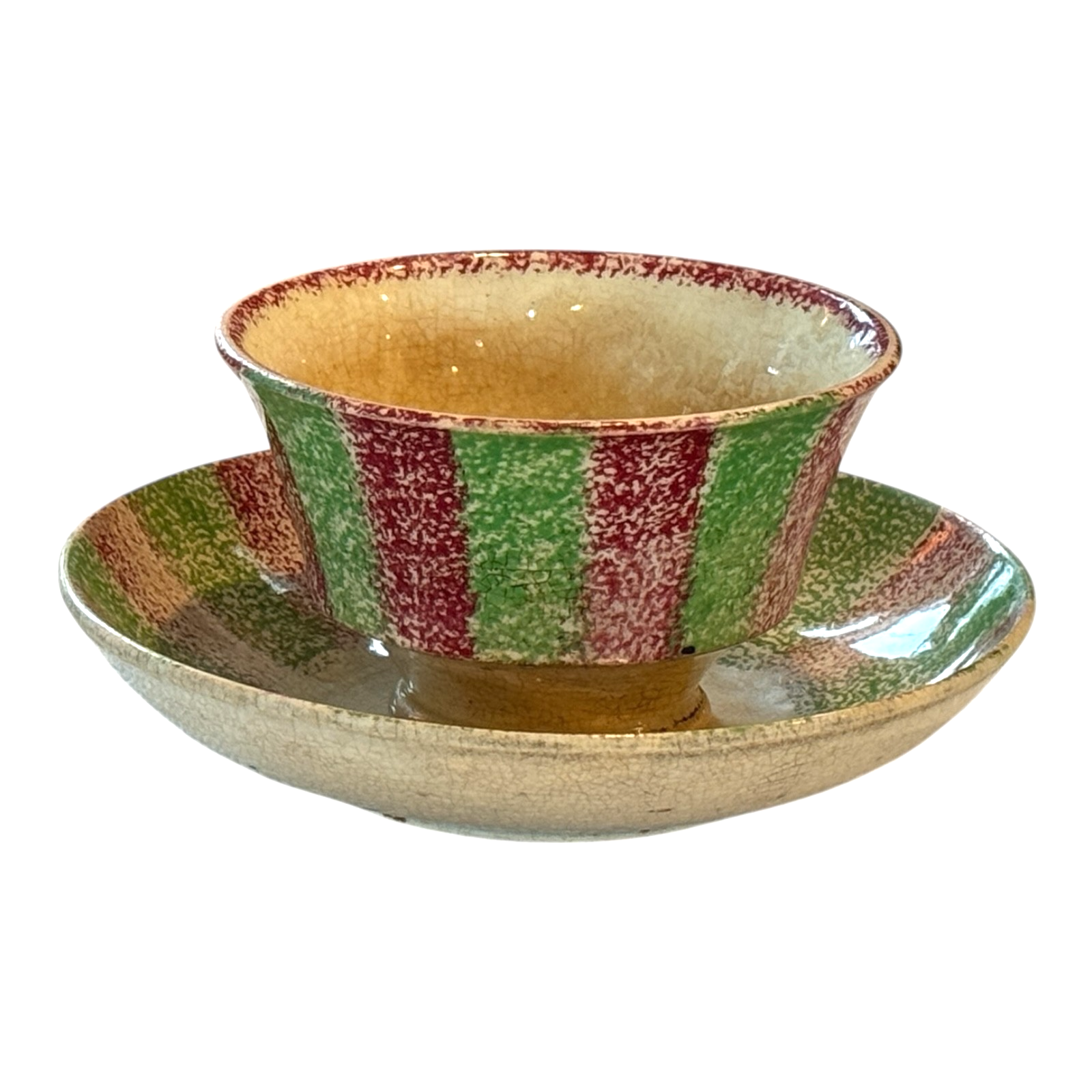 Antique Staffordshire Red and Green Striped Spatterware Spongeware Cup & Saucer