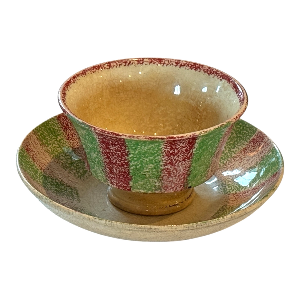 Antique Staffordshire Red and Green Striped Spatterware Spongeware Cup & Saucer