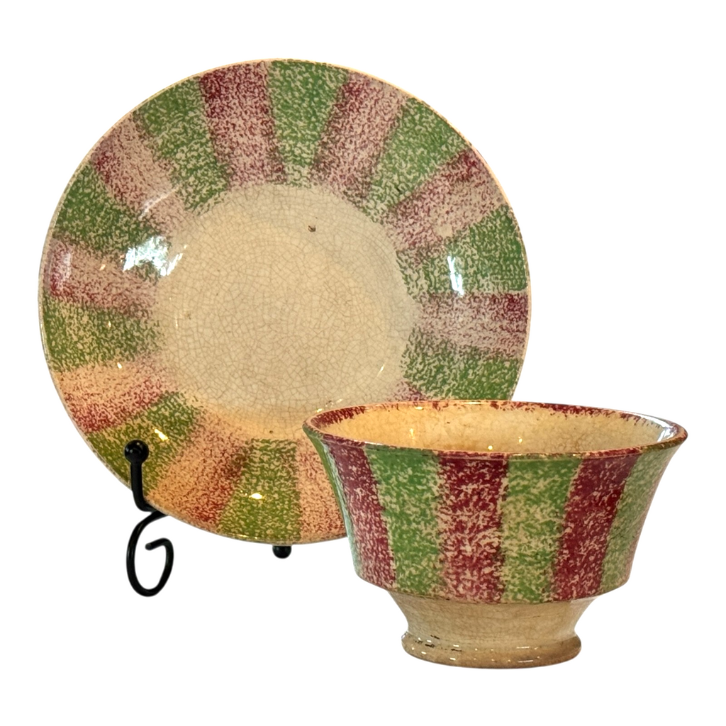 Antique Staffordshire Red and Green Striped Spatterware Spongeware Cup & Saucer