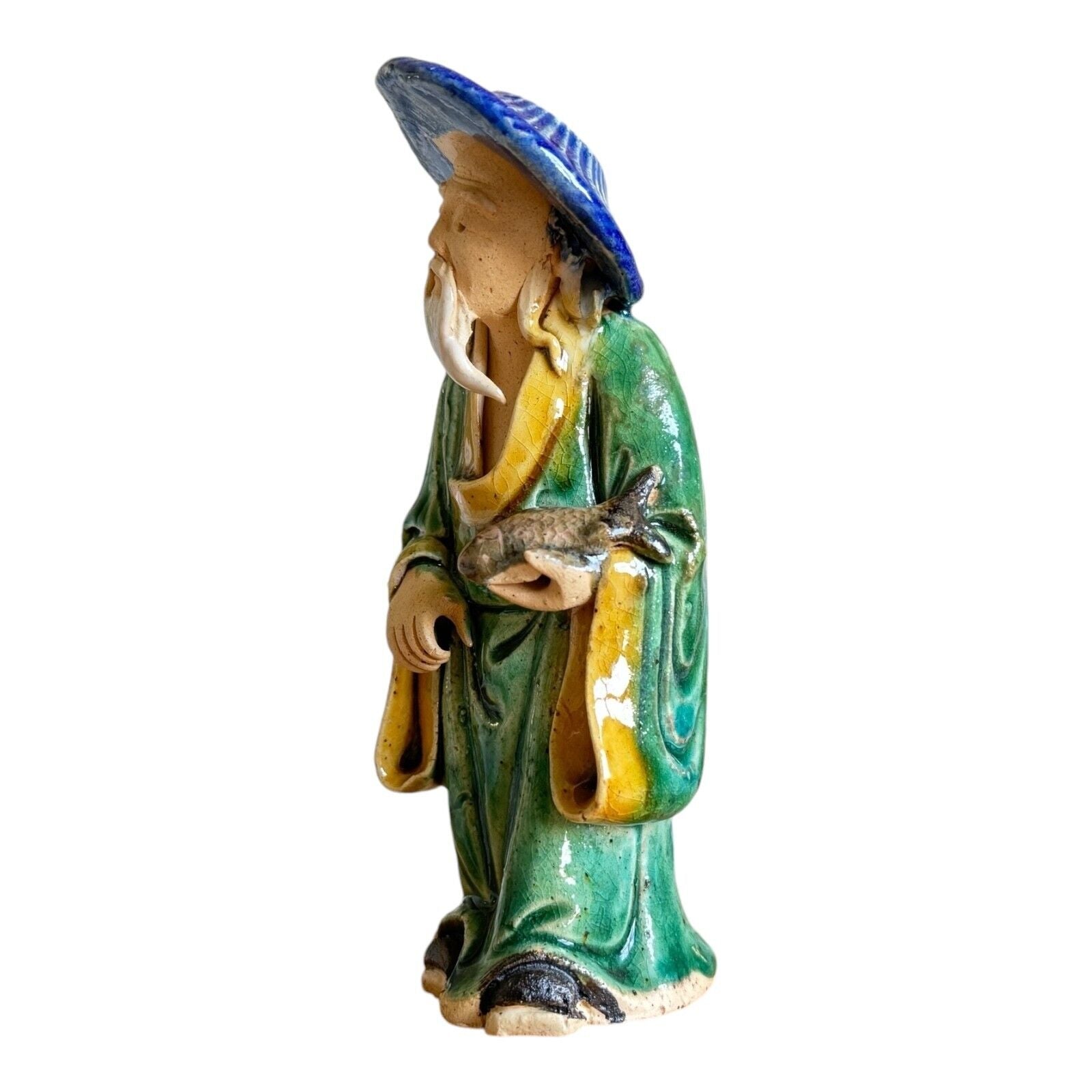 Antique Green Glazed Chinese Export Pottery Mudman Fisherman Figurine