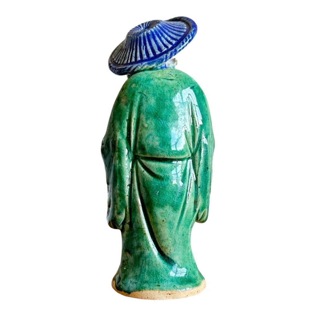 Antique Green Glazed Chinese Export Pottery Mudman Fisherman Figurine