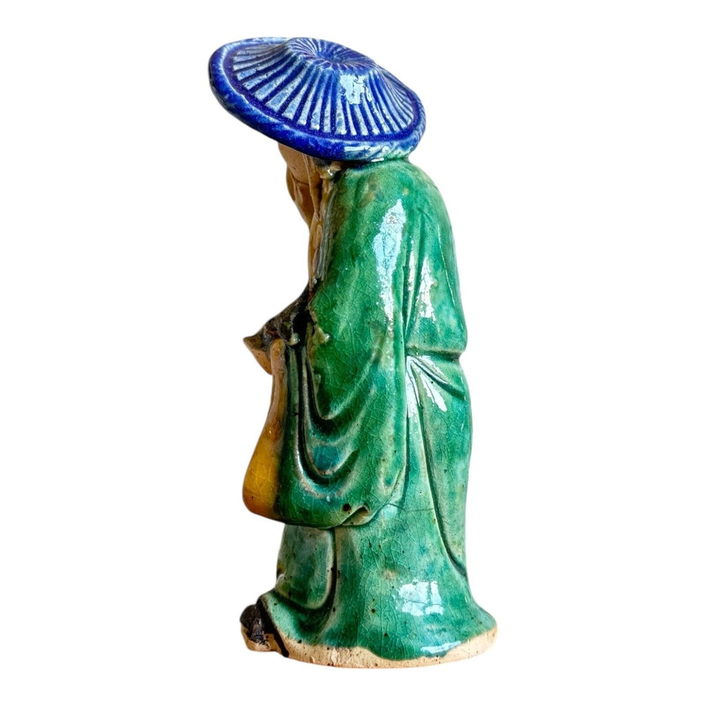 Antique Green Glazed Chinese Export Pottery Mudman Fisherman Figurine
