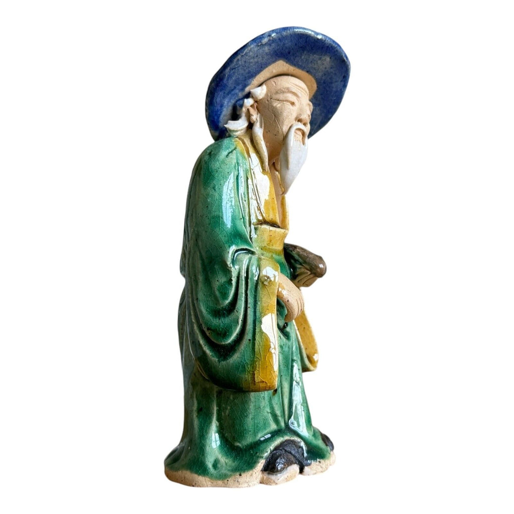 Antique Green Glazed Chinese Export Pottery Mudman Fisherman Figurine
