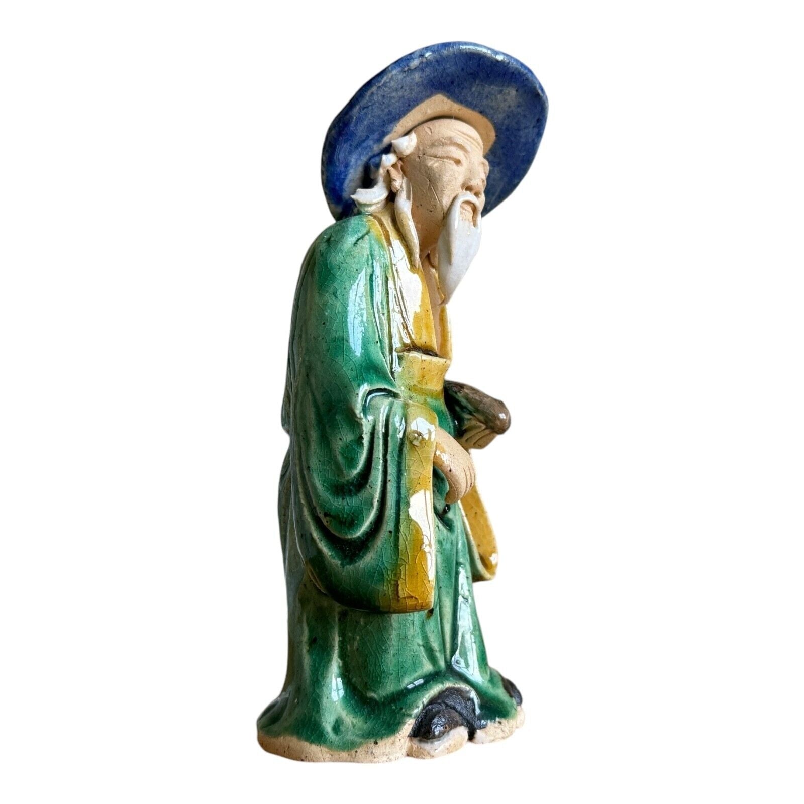 Antique Green Glazed Chinese Export Pottery Mudman Fisherman Figurine