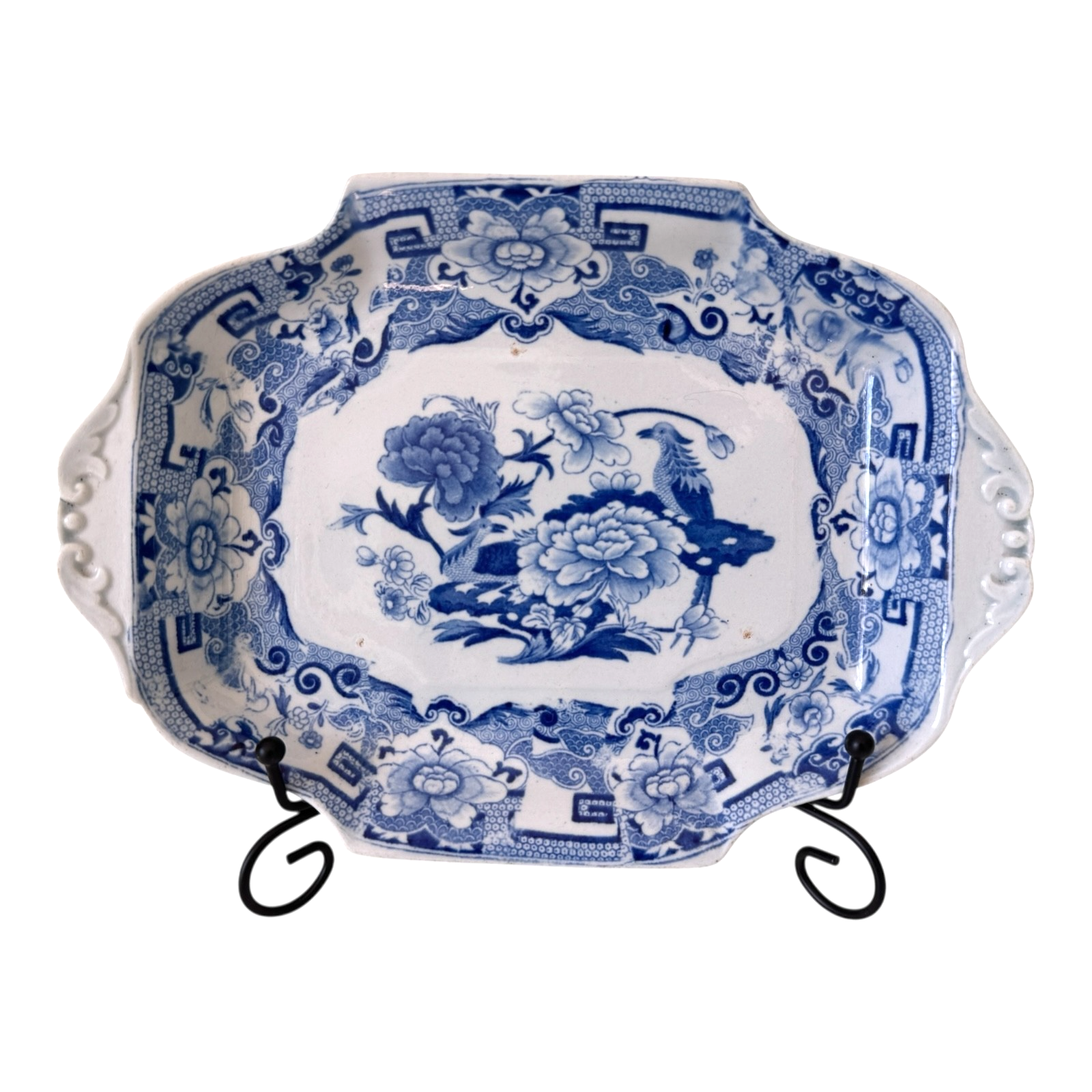 Antique Victorian Ironstone Blue Transferware Serving Dish with Pheasant