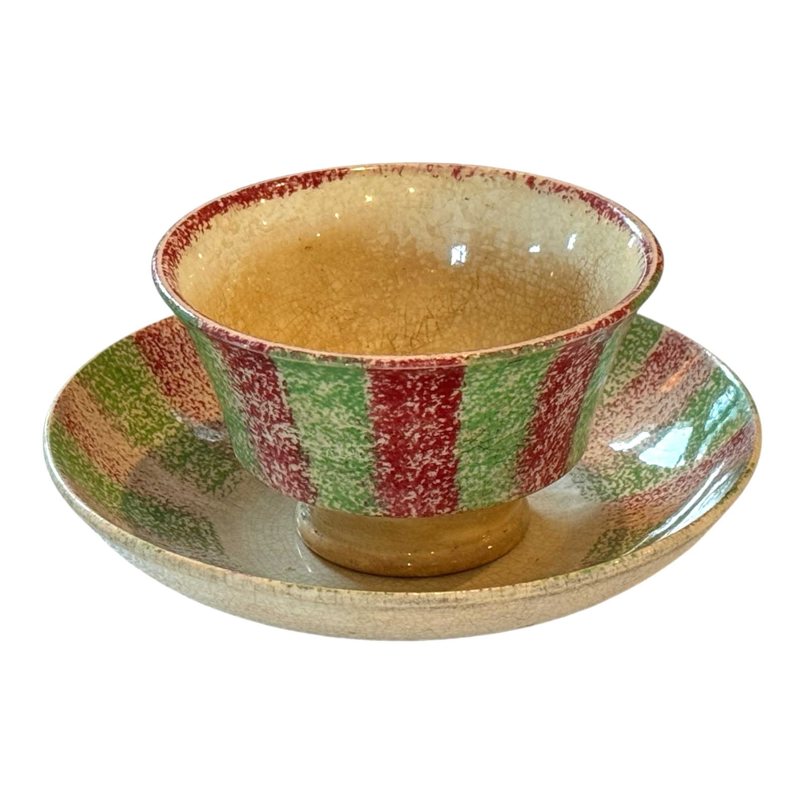 Antique Staffordshire Red and Green Striped Spatterware Spongeware Cup & Saucer