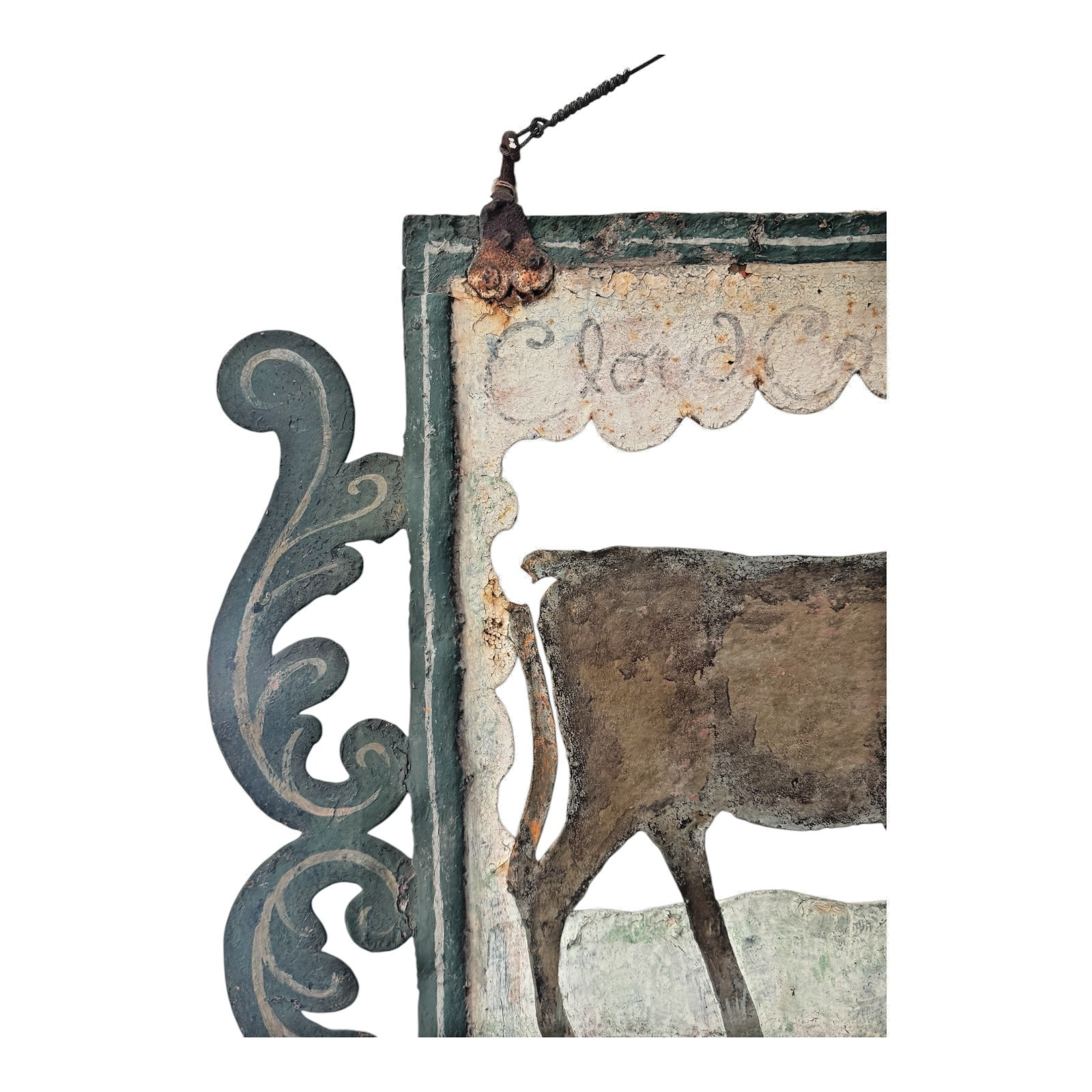 Antique Early 1900s American Folk Art Hand-Cut Metal Ranch Trade Sign, Steer/Cow