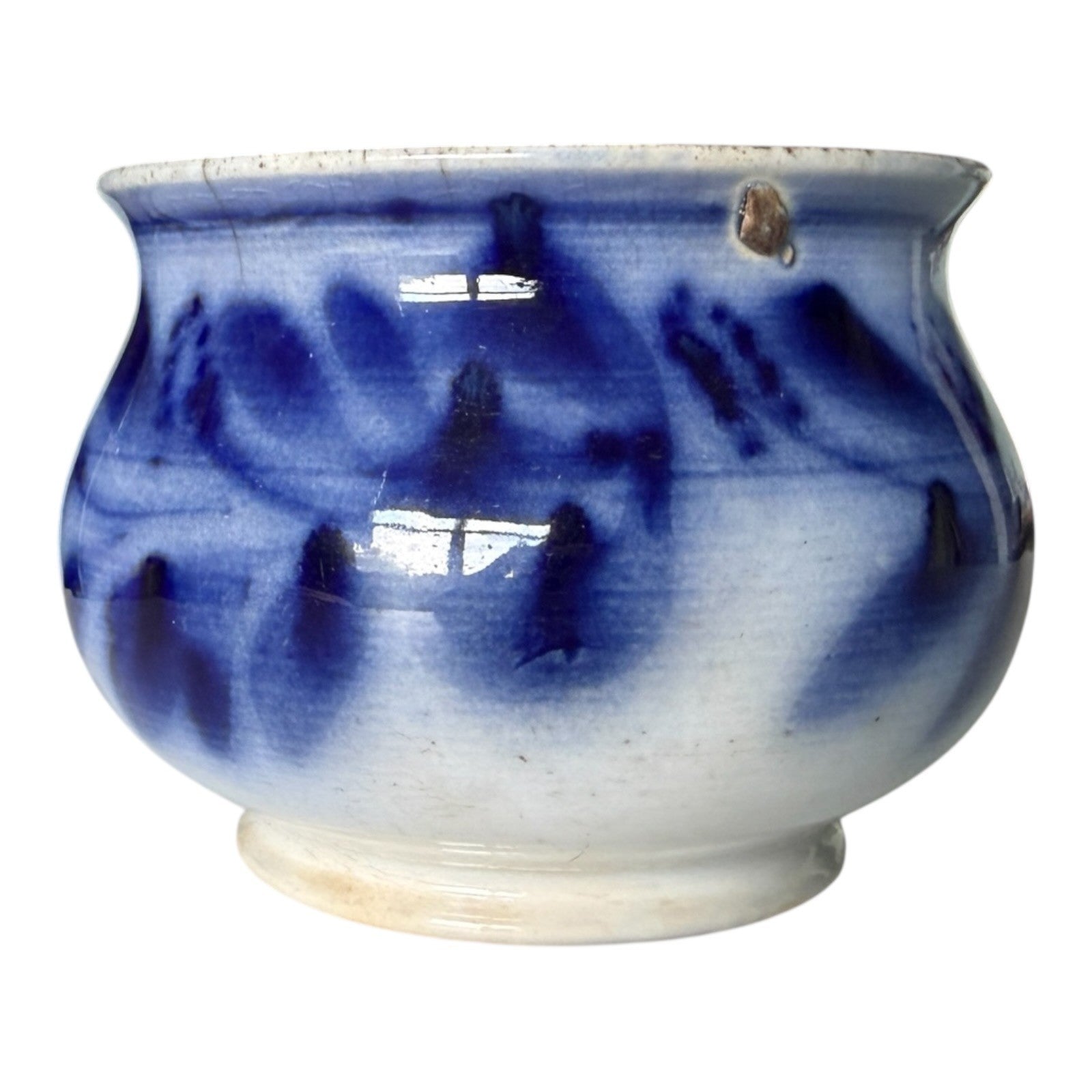 Antique Flow Blue Pottery Hand Painted Floral Jardiniere Cache Pot Bowl