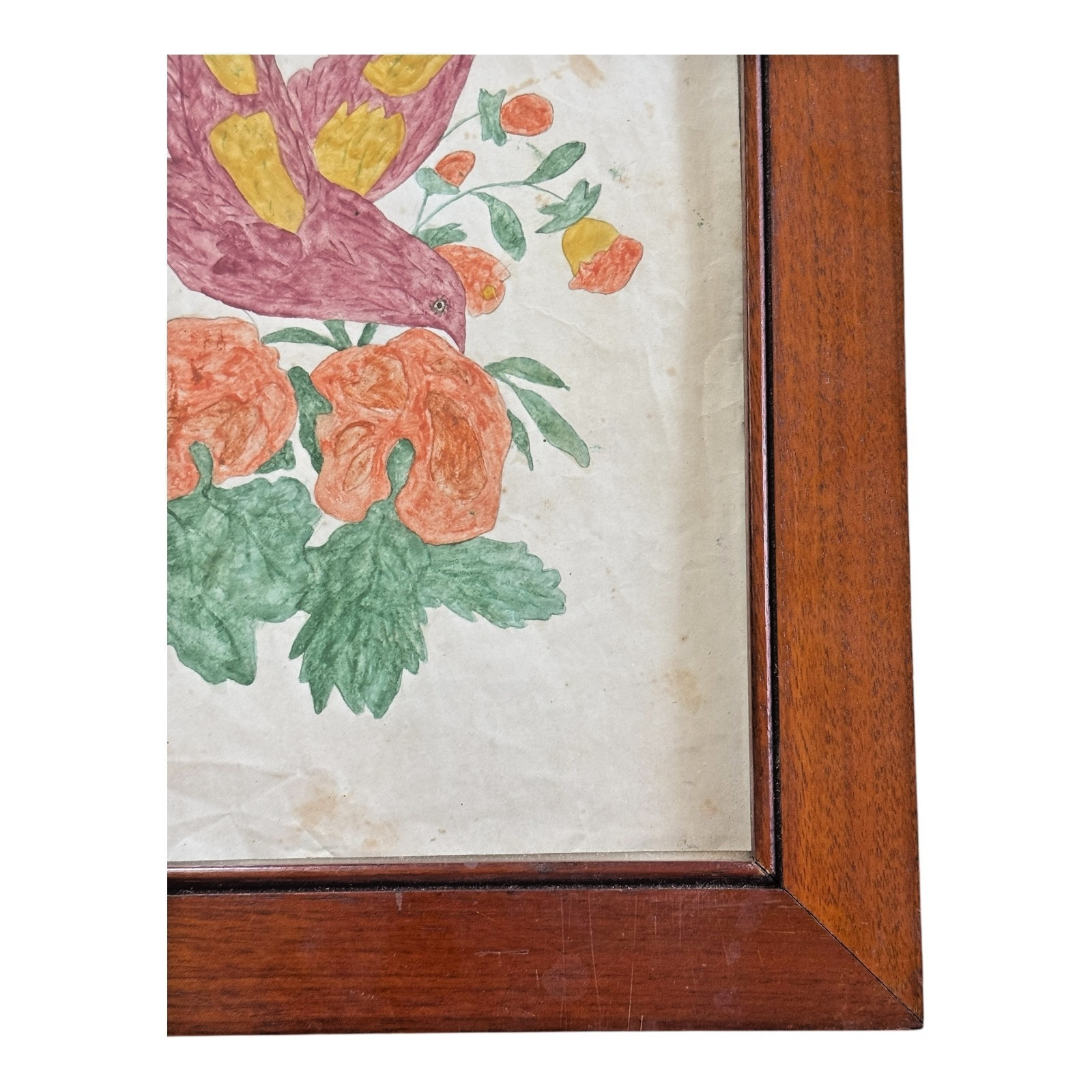 Antique Pennsylvania Folk Art Watercolor Drawing of Bird & Flowers - Framed