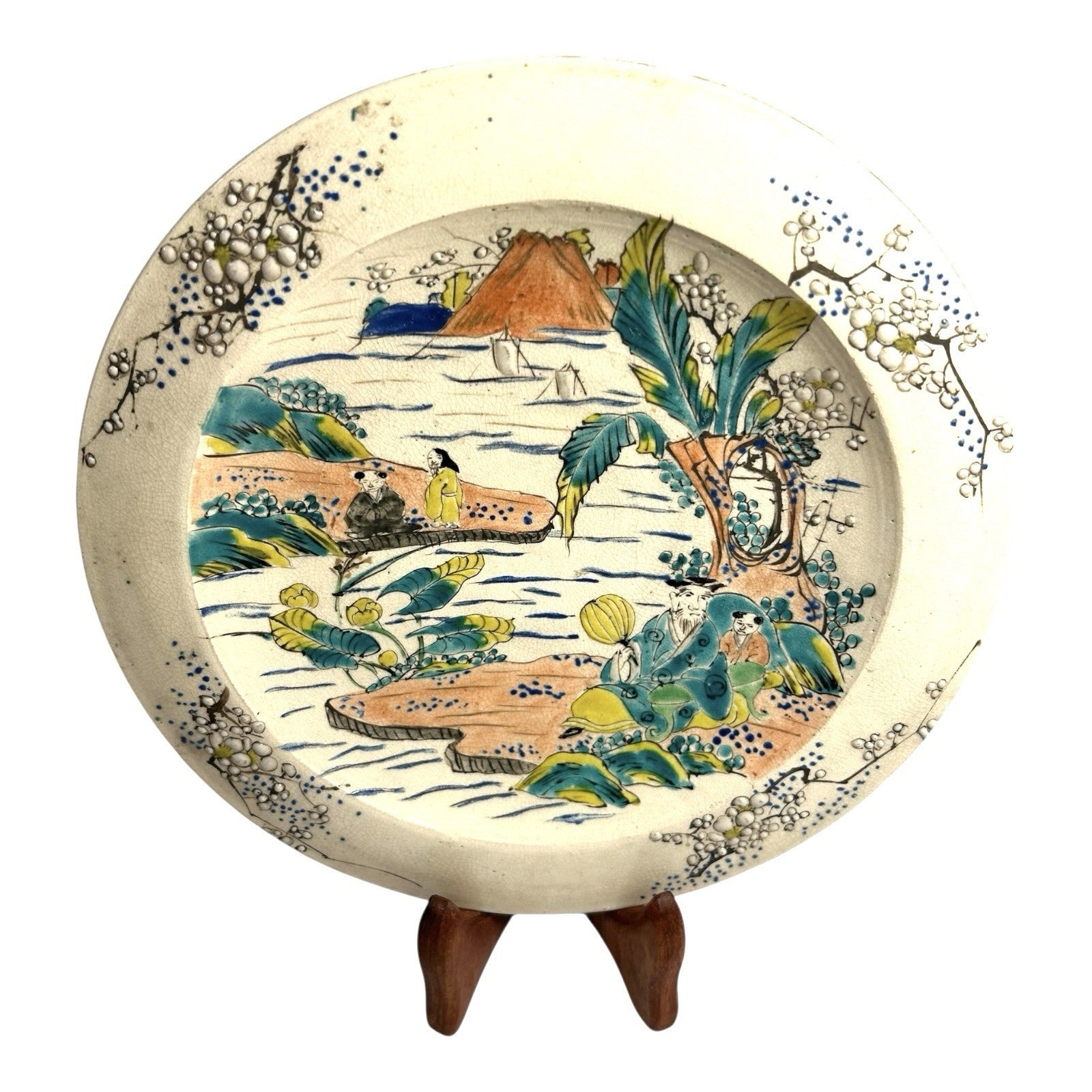 Antique Meji Period Japanese Polychrome Plate with Cherry Blossoms Mt. Fuji
