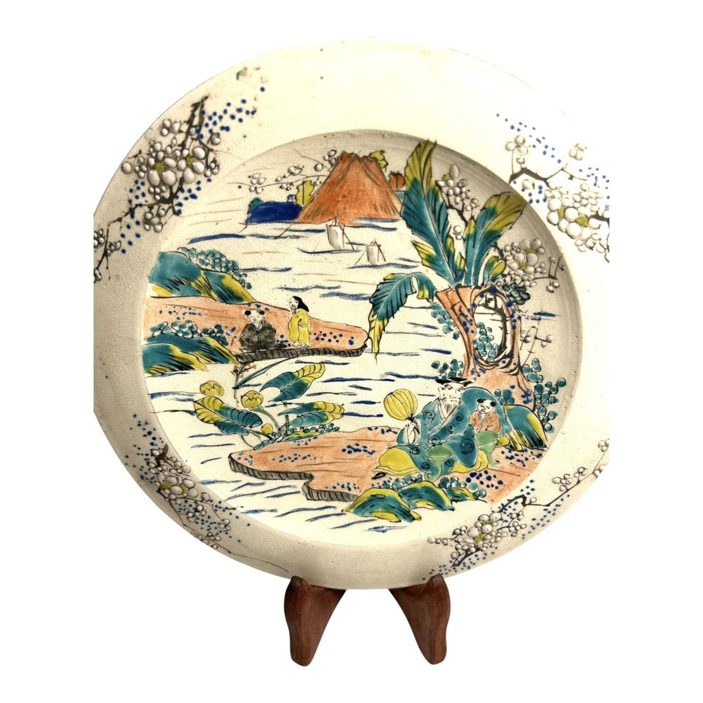 Antique Meji Period Japanese Polychrome Plate with Cherry Blossoms Mt. Fuji