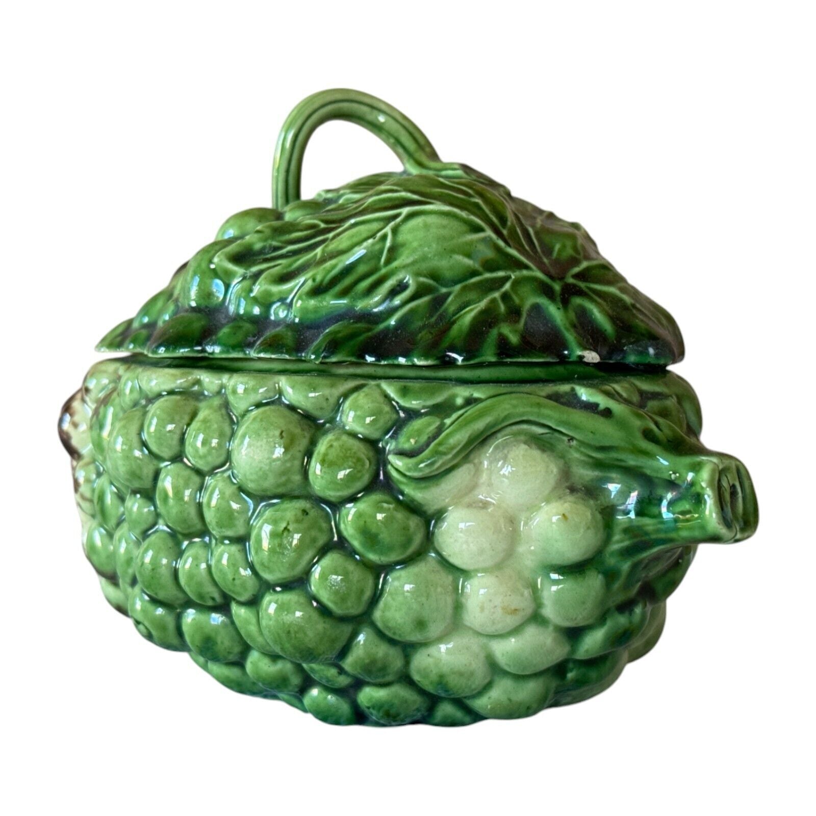 Antique Wedgwood Majolica Pottery Green Grape Cluster Covered Tureen Dish