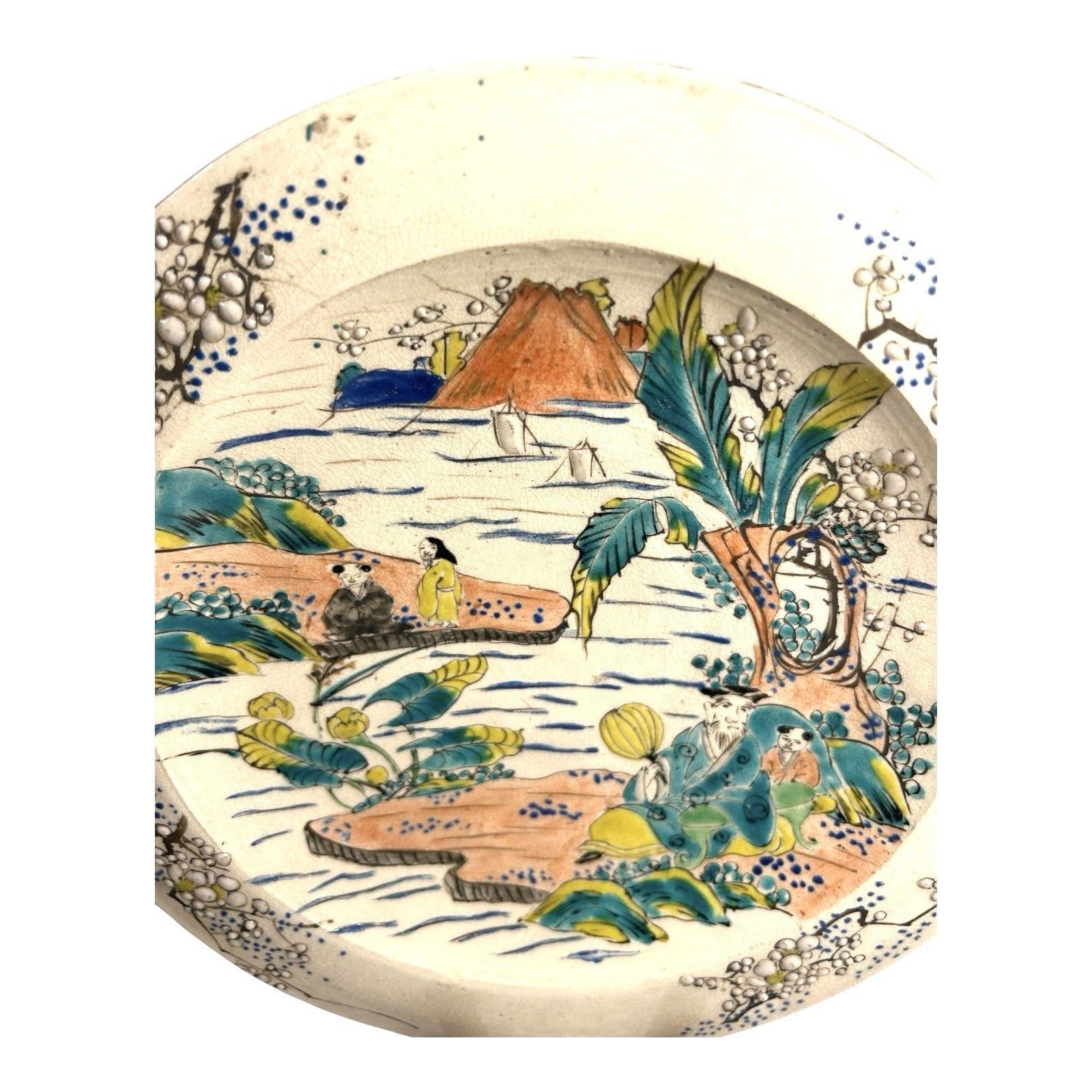 Antique Meji Period Japanese Polychrome Plate with Cherry Blossoms Mt. Fuji