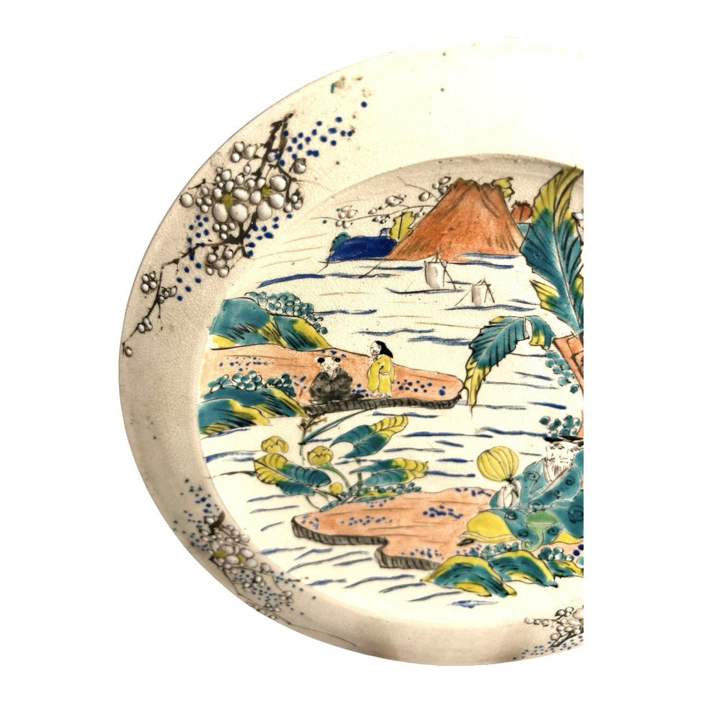 Antique Meji Period Japanese Polychrome Plate with Cherry Blossoms Mt. Fuji