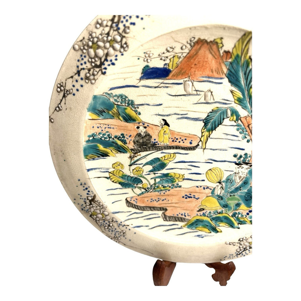 Antique Meji Period Japanese Polychrome Plate with Cherry Blossoms Mt. Fuji