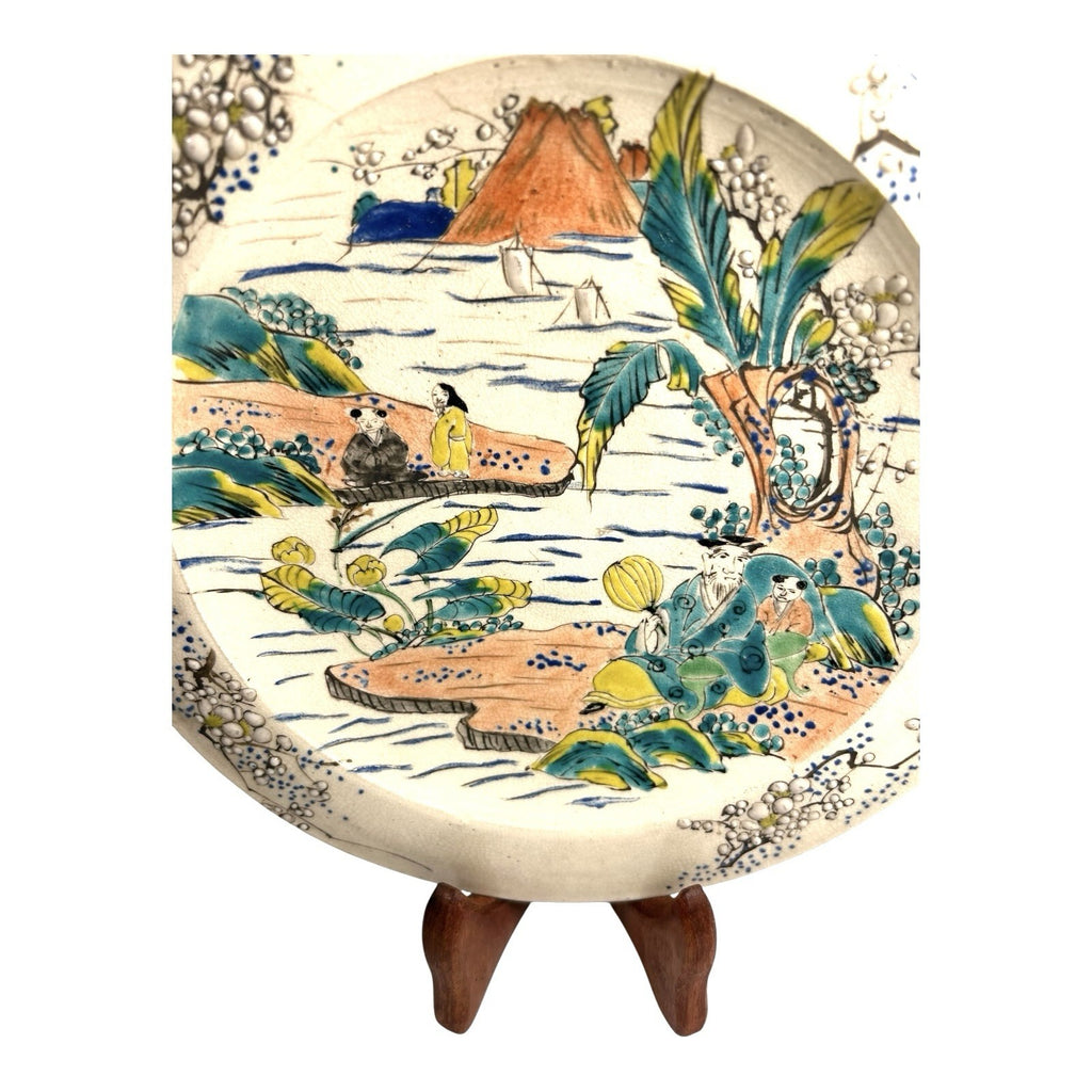 Antique Meji Period Japanese Polychrome Plate with Cherry Blossoms Mt. Fuji