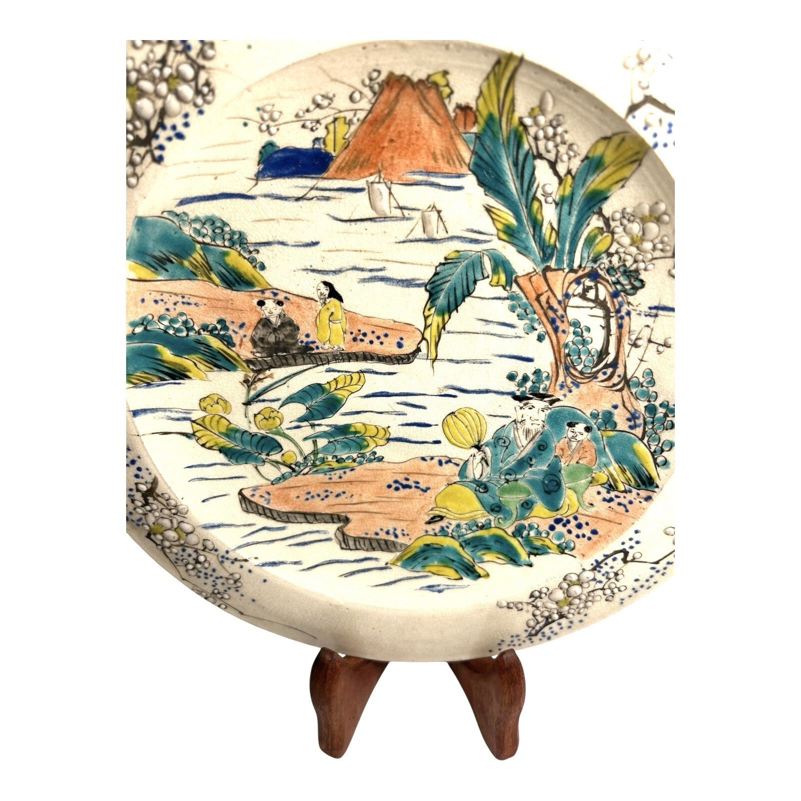 Antique Meji Period Japanese Polychrome Plate with Cherry Blossoms Mt. Fuji