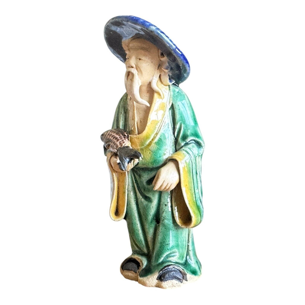 Antique Chinese Export Green Glazed Pottery Fisherman Mudman Figure