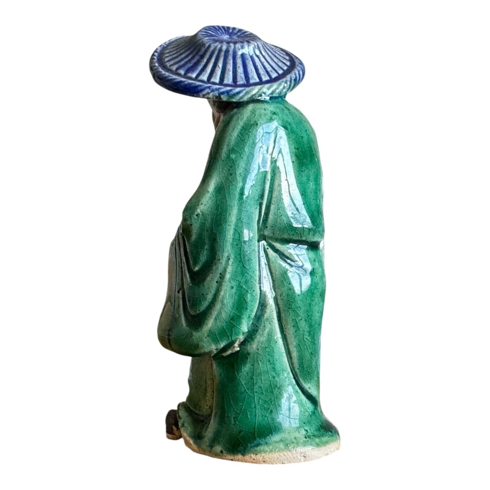 Antique Chinese Export Green Glazed Pottery Fisherman Mudman Figure