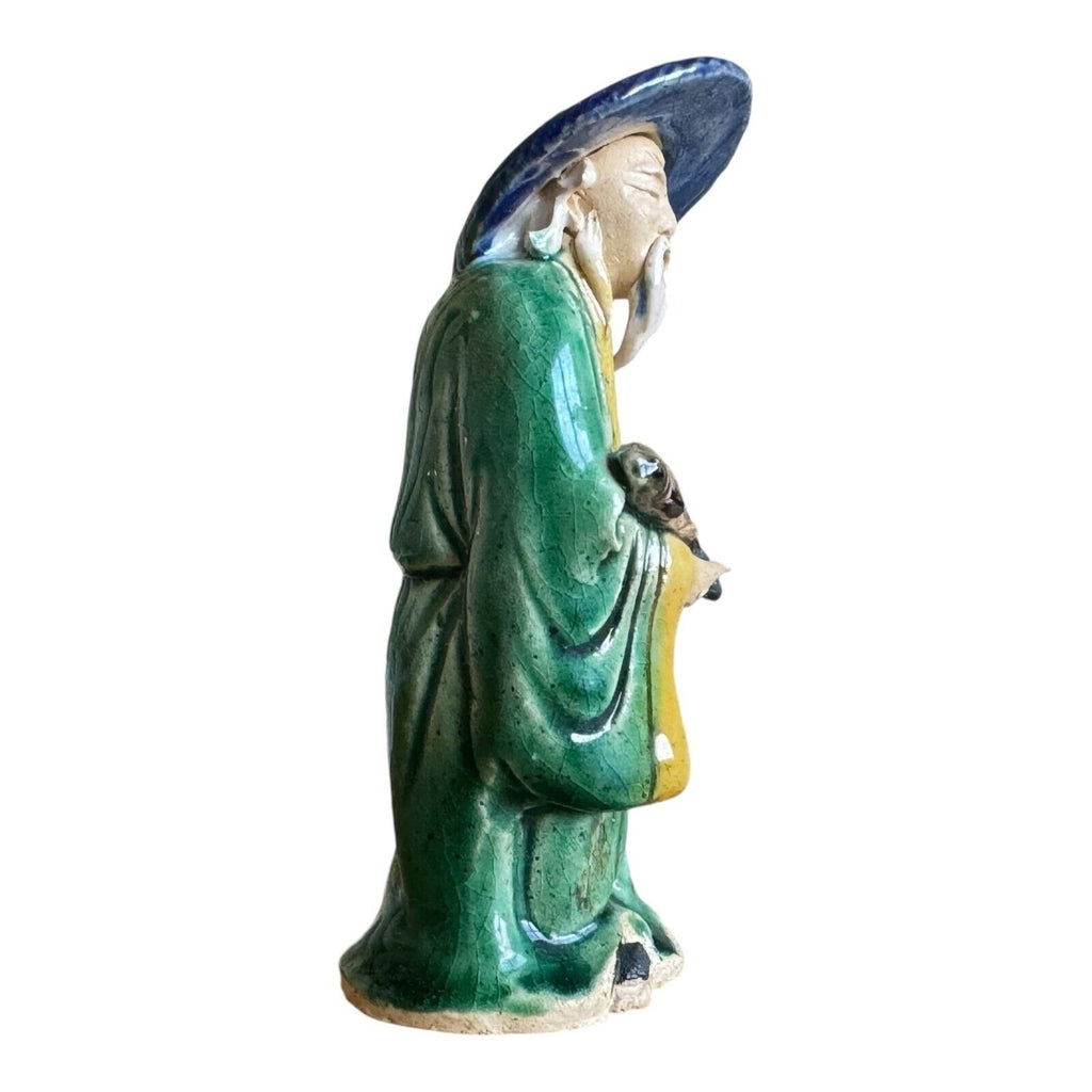 Antique Chinese Export Green Glazed Pottery Fisherman Mudman Figure