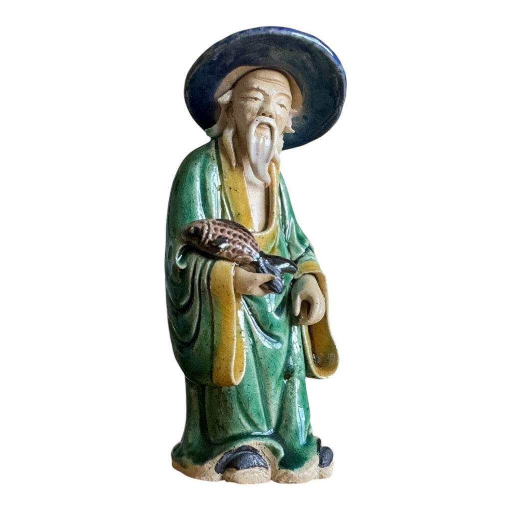 Antique Chinese Export Green Glazed Pottery Fisherman Mudman Figure