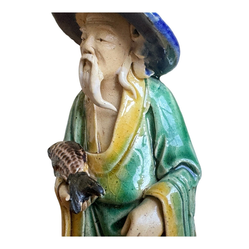Antique Chinese Export Green Glazed Pottery Fisherman Mudman Figure