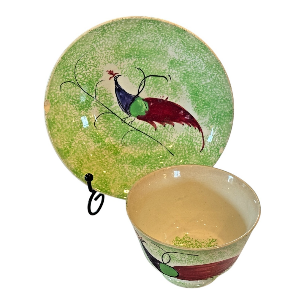 Antique Staffordshire Green Spatterware Spongeware Cup & Saucer - Peafowl Design