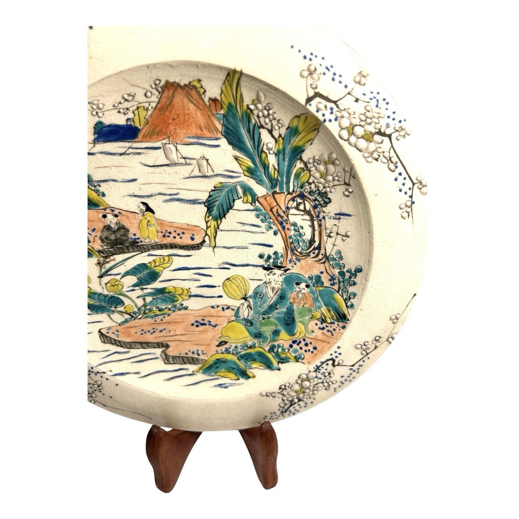 Antique Meji Period Japanese Polychrome Plate with Cherry Blossoms Mt. Fuji