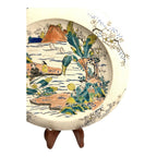 Antique Meji Period Japanese Polychrome Plate with Cherry Blossoms Mt. Fuji