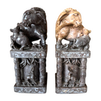 Antique Chinese Hand Carved Soapstone Seal Stamps Figure Pair - Animal Finials