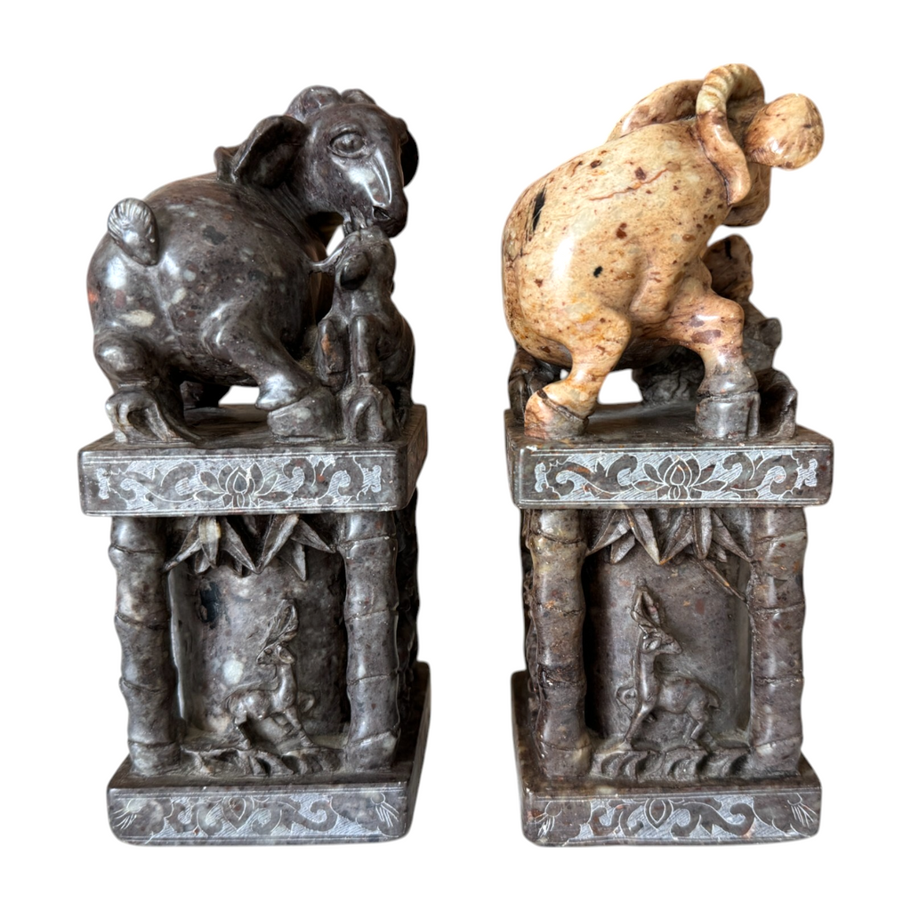 Antique Chinese Hand Carved Soapstone Seal Stamps Figure Pair - Animal Finials