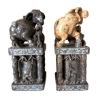 Antique Chinese Hand Carved Soapstone Seal Stamps Figure Pair - Animal Finials