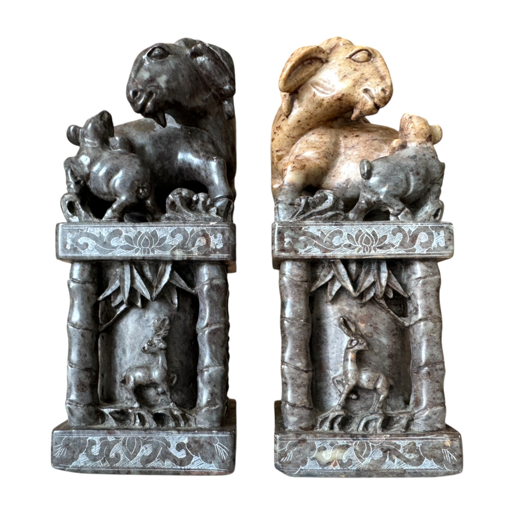 Antique Chinese Hand Carved Soapstone Seal Stamps Figure Pair - Animal Finials