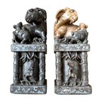 Antique Chinese Hand Carved Soapstone Seal Stamps Figure Pair - Animal Finials