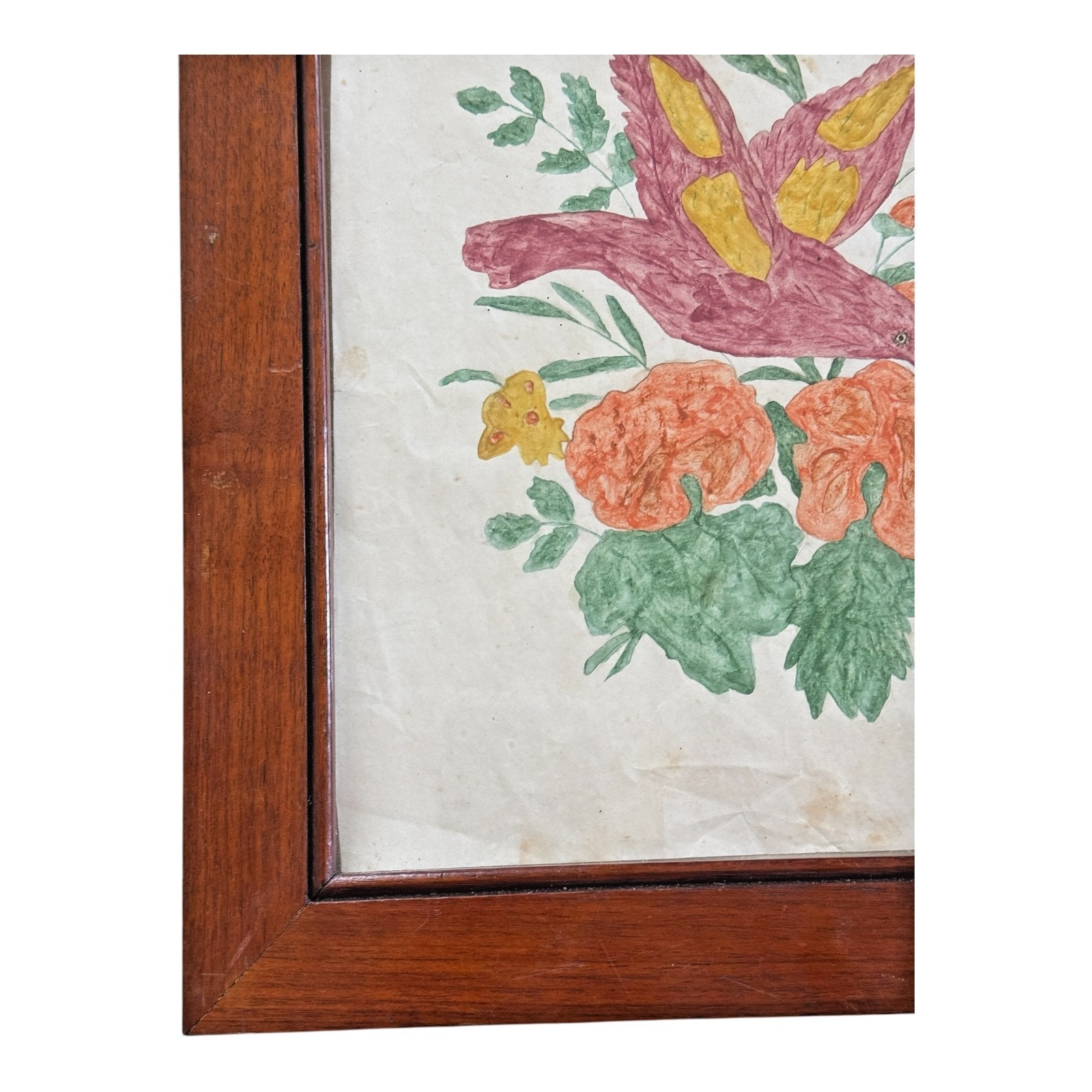 Antique Pennsylvania Folk Art Watercolor Drawing of Bird & Flowers - Framed