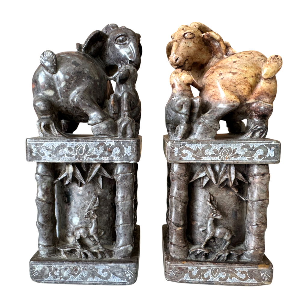 Antique Chinese Hand Carved Soapstone Seal Stamps Figure Pair - Animal Finials