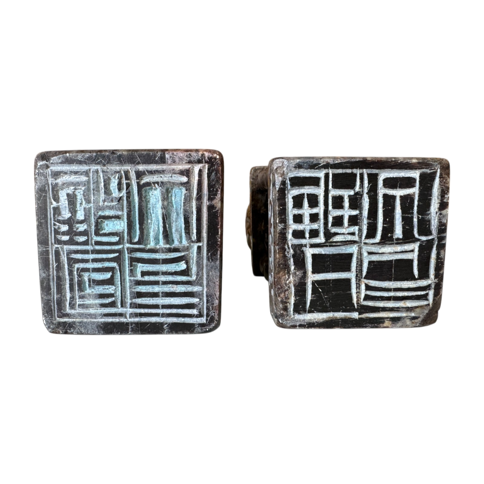 Antique Chinese Hand Carved Soapstone Seal Stamps Figure Pair - Animal Finials