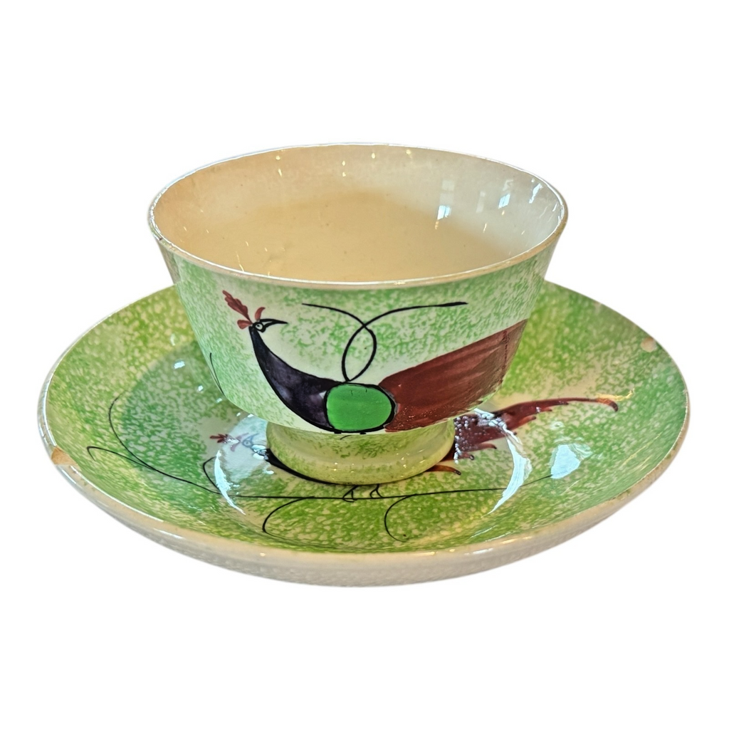Antique Staffordshire Green Spatterware Spongeware Cup & Saucer - Peafowl Design