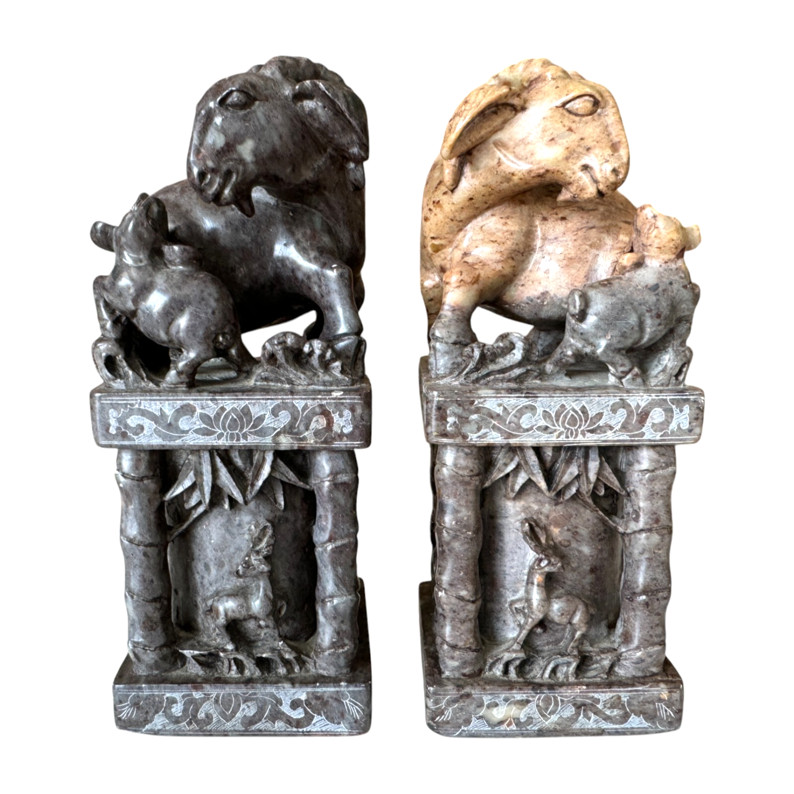 Antique Chinese Hand Carved Soapstone Seal Stamps Figure Pair - Animal Finials