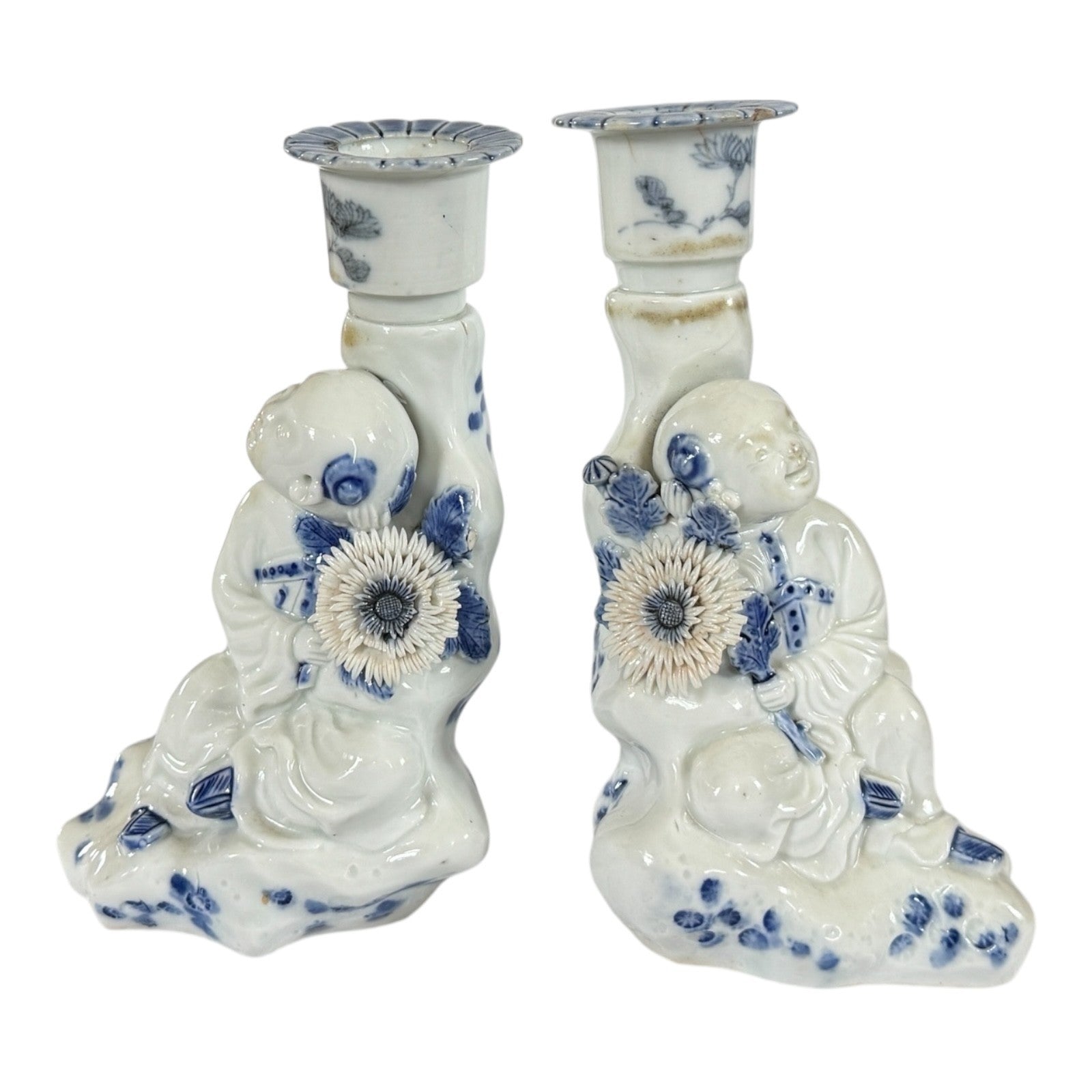 Antique Japanese Hirado Porcelain Figural Boy Candlestick Pair with Companion