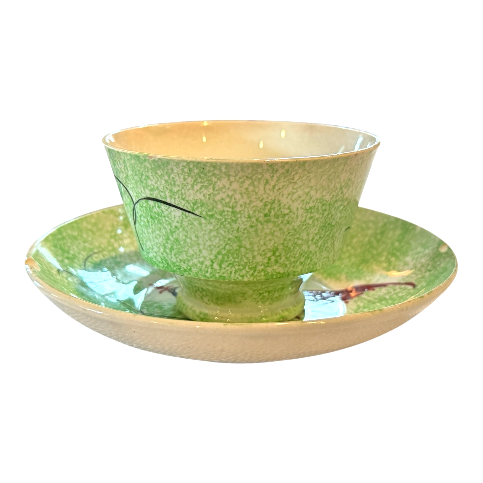 Antique Staffordshire Green Spatterware Spongeware Cup & Saucer - Peafowl Design
